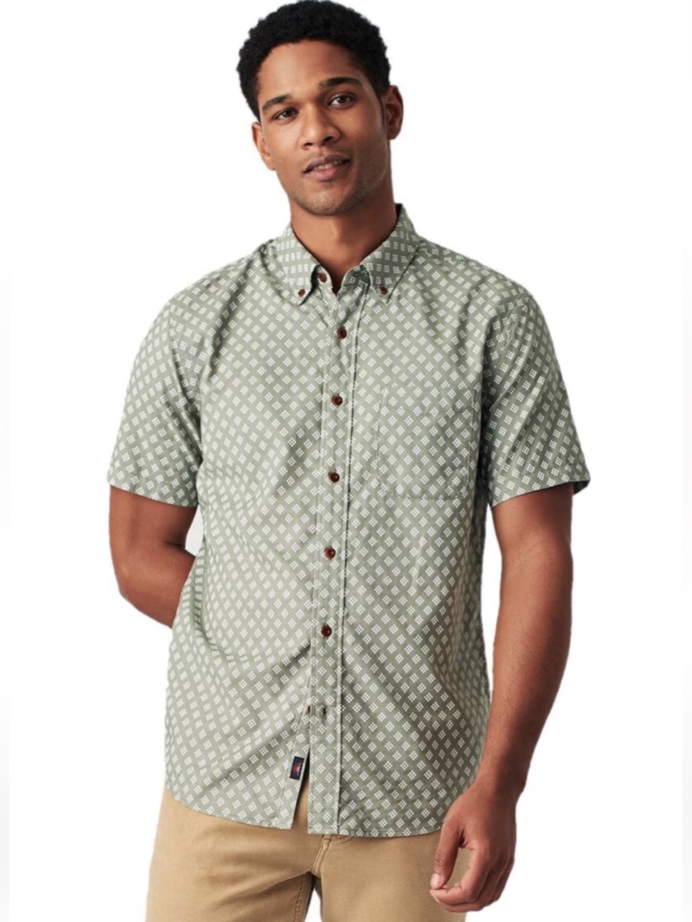 Faherty Geometric Short Sleeve Shirt in Sage/Khaki Green & White Mens XS